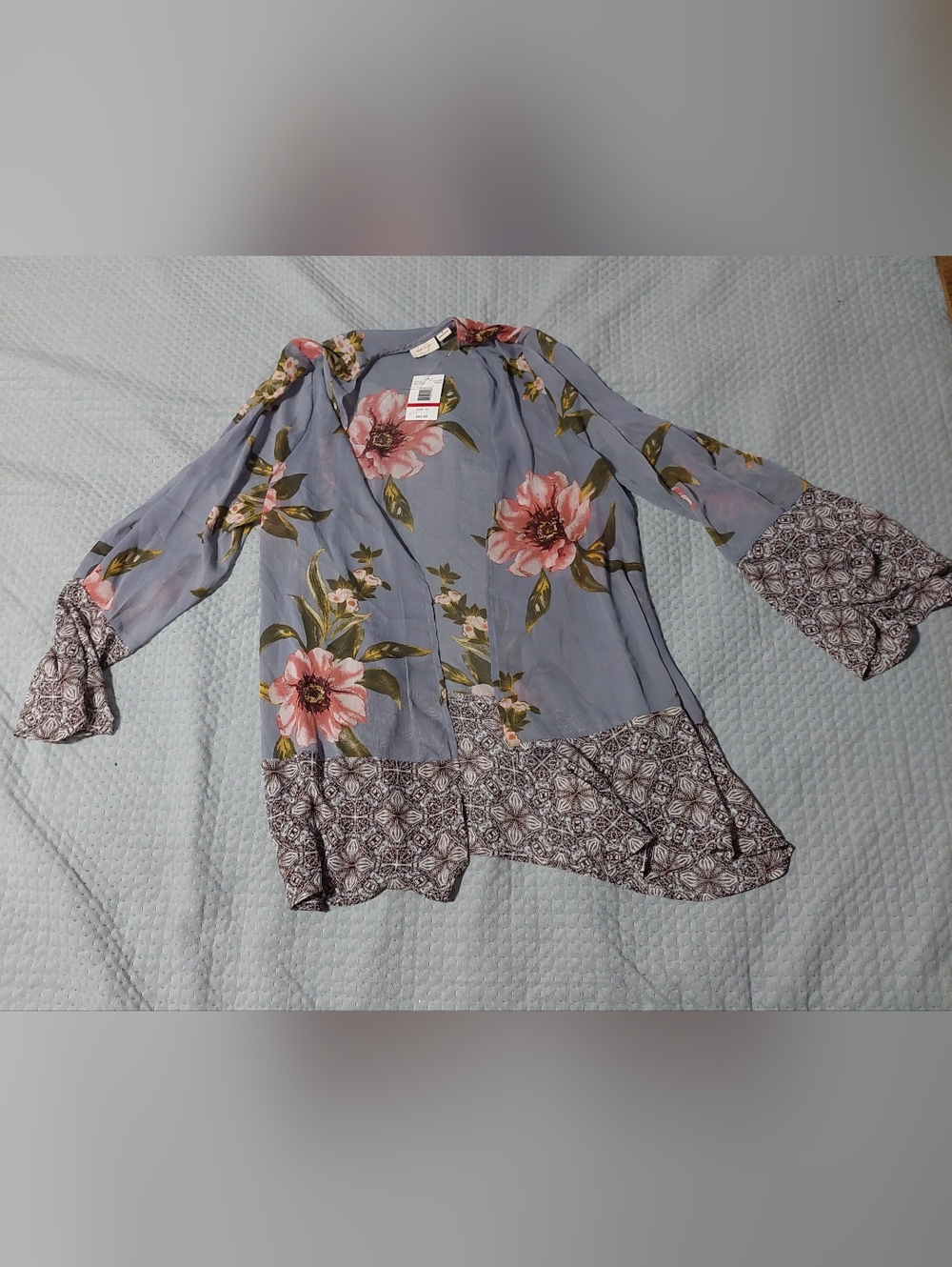 Parc & Lex Light Blue Floral Kimono Cardigan with Pink Blooms